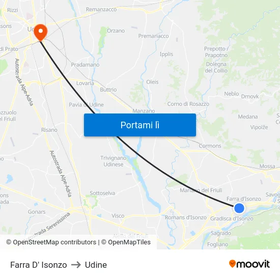 Farra D' Isonzo to Udine map
