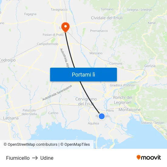 Fiumicello to Udine map