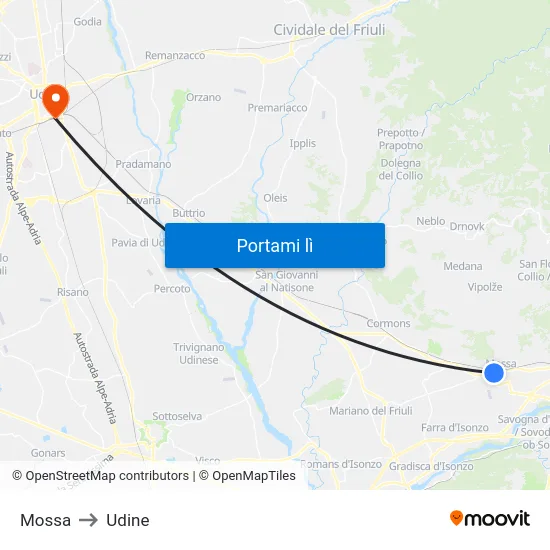 Mossa to Udine map