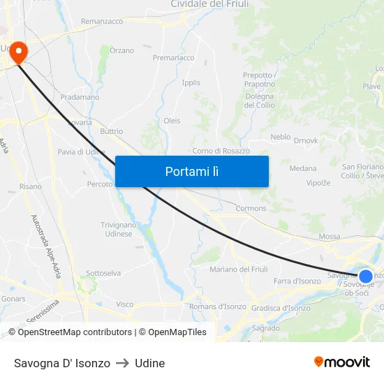 Savogna D' Isonzo to Udine map
