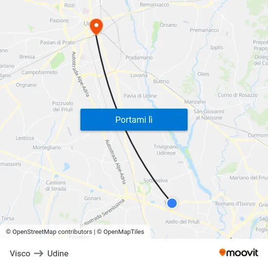 Visco to Udine map