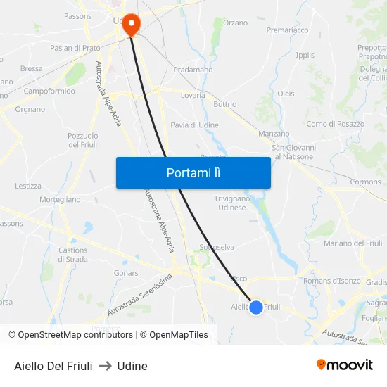 Aiello Del Friuli to Udine map