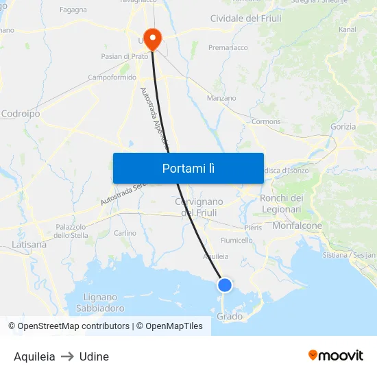 Aquileia to Udine map