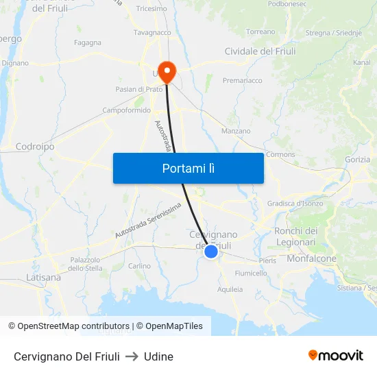 Cervignano Del Friuli to Udine map