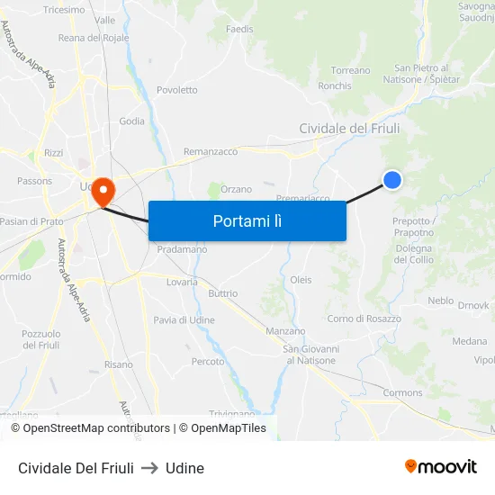 Cividale Del Friuli to Udine map