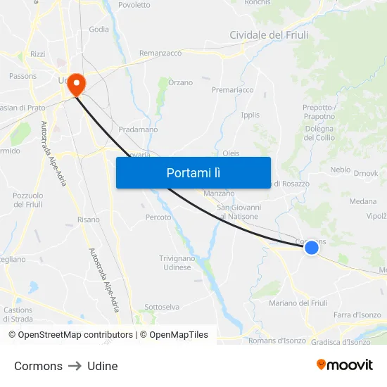 Cormons to Udine map