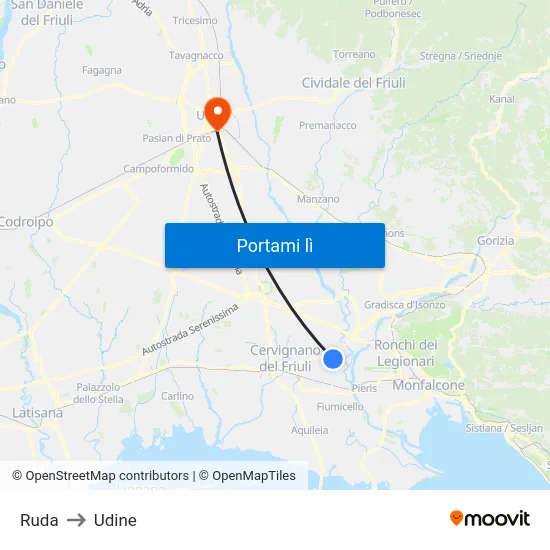 Ruda to Udine map