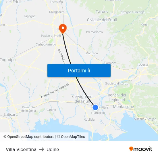 Villa Vicentina to Udine map