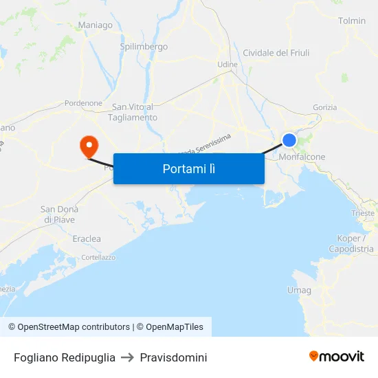 Fogliano Redipuglia to Pravisdomini map