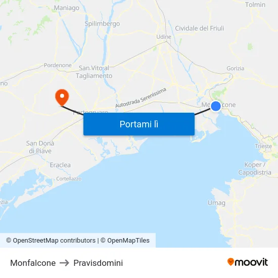 Monfalcone to Pravisdomini map