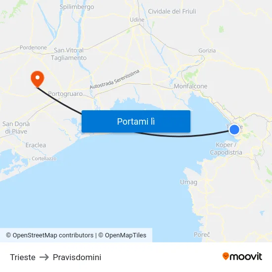 Trieste to Pravisdomini map