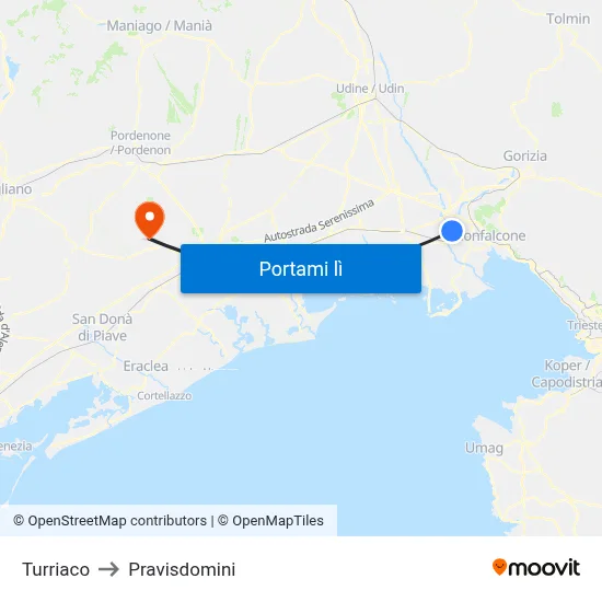 Turriaco to Pravisdomini map