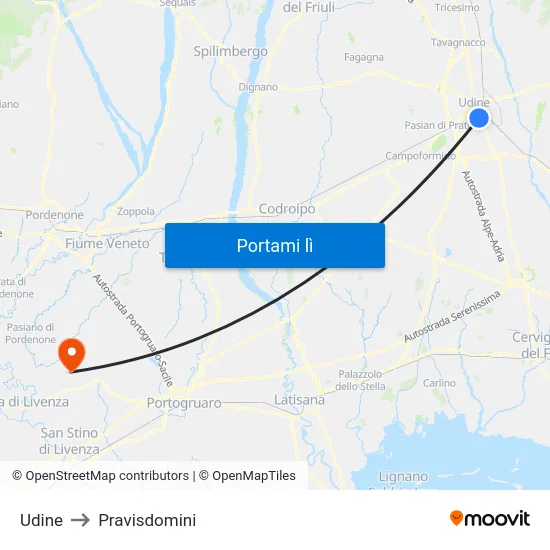 Udine to Pravisdomini map