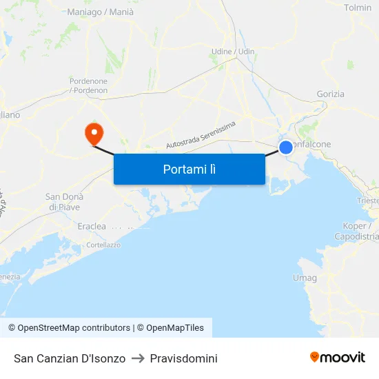 San Canzian D'Isonzo to Pravisdomini map
