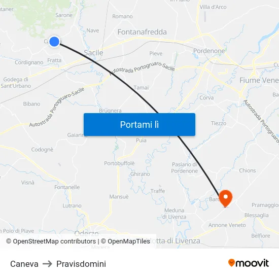 Caneva to Pravisdomini map
