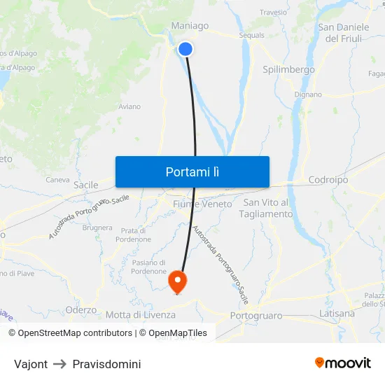 Vajont to Pravisdomini map