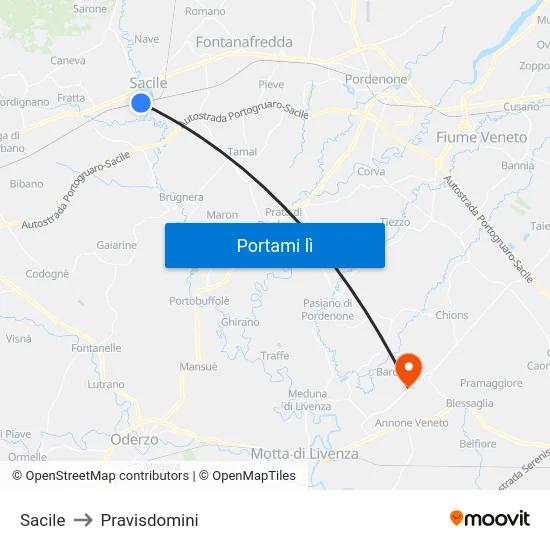 Sacile to Pravisdomini map