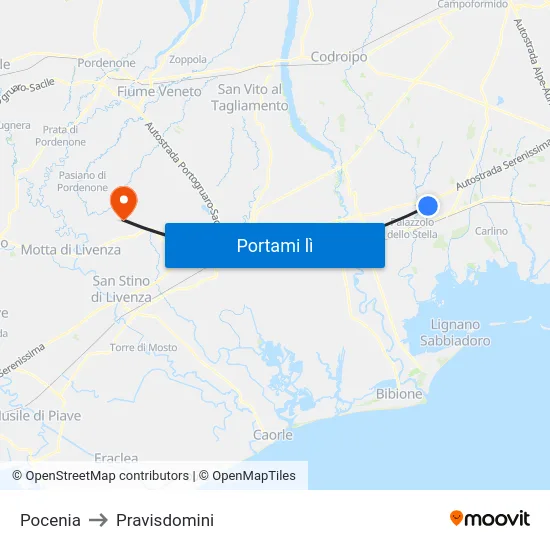 Pocenia to Pravisdomini map