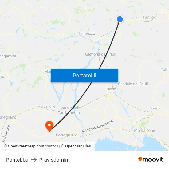 Pontebba to Pravisdomini map