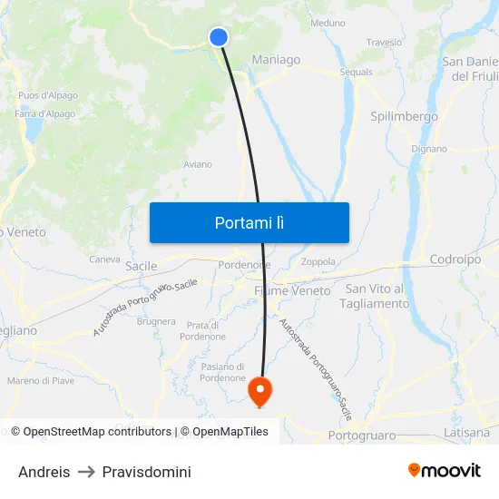 Andreis to Pravisdomini map