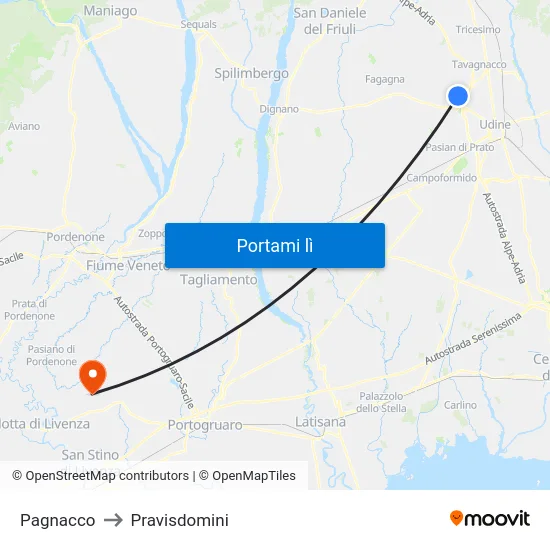 Pagnacco to Pravisdomini map