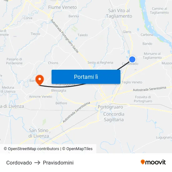 Cordovado to Pravisdomini map