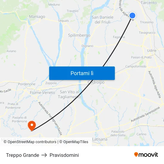 Treppo Grande to Pravisdomini map