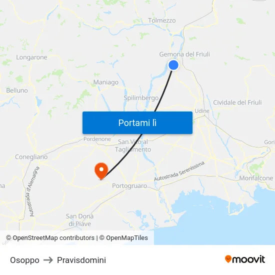 Osoppo to Pravisdomini map