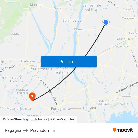 Fagagna to Pravisdomini map