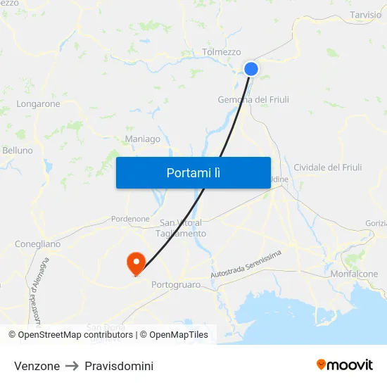 Venzone to Pravisdomini map