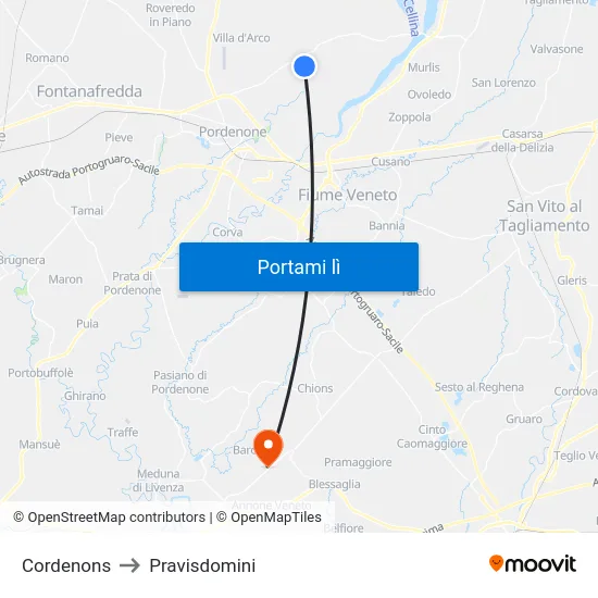 Cordenons to Pravisdomini map