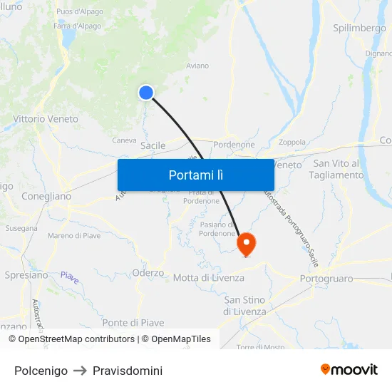 Polcenigo to Pravisdomini map