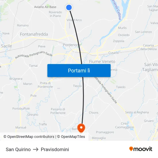 San Quirino to Pravisdomini map
