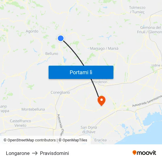 Longarone to Pravisdomini map