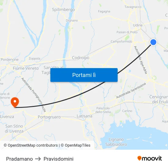 Pradamano to Pravisdomini map