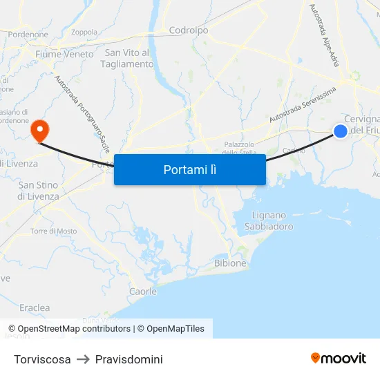 Torviscosa to Pravisdomini map