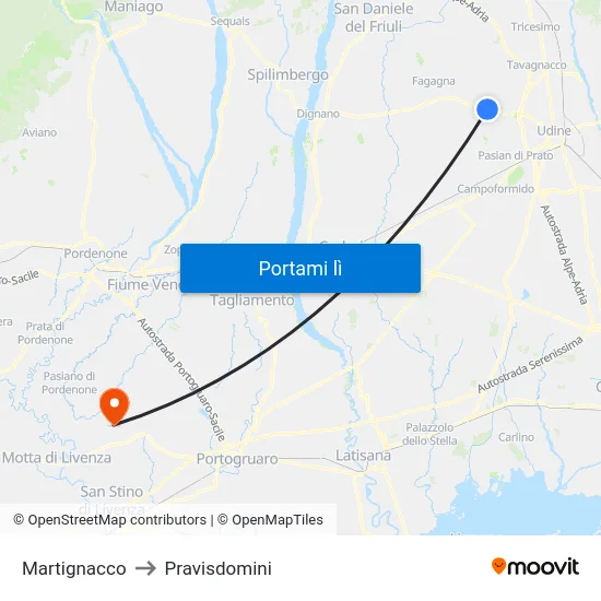 Martignacco to Pravisdomini map