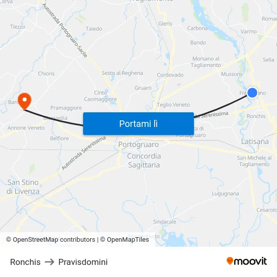 Ronchis to Pravisdomini map