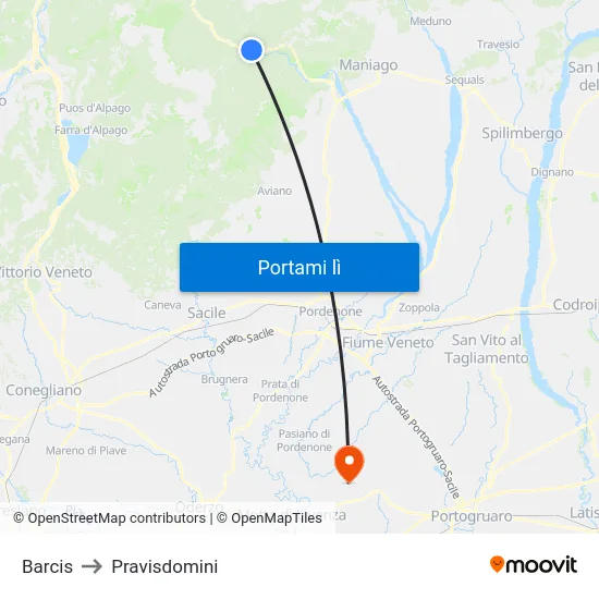 Barcis to Pravisdomini map