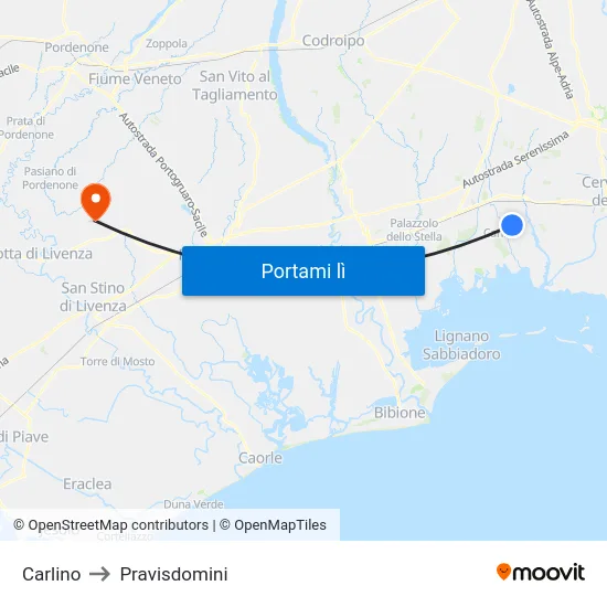 Carlino to Pravisdomini map