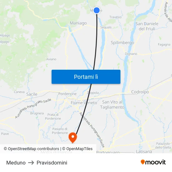Meduno to Pravisdomini map