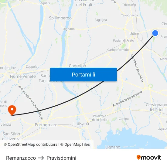 Remanzacco to Pravisdomini map