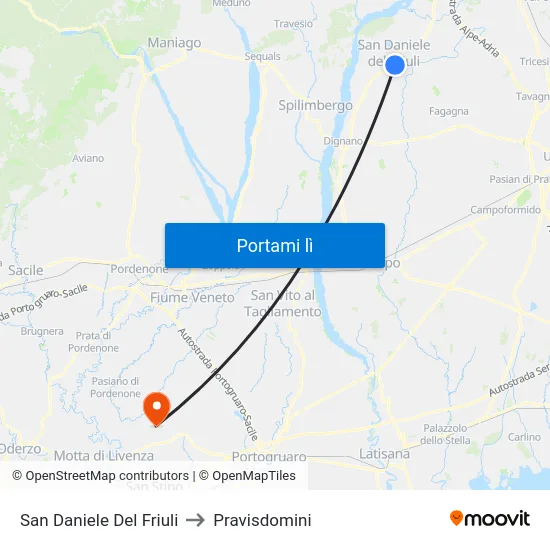 San Daniele Del Friuli to Pravisdomini map
