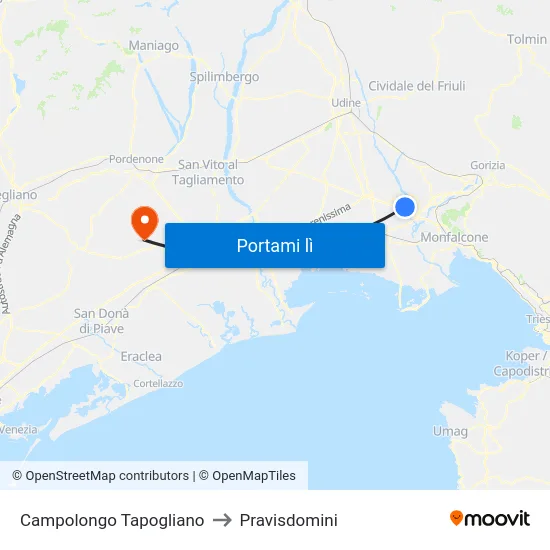 Campolongo Tapogliano to Pravisdomini map