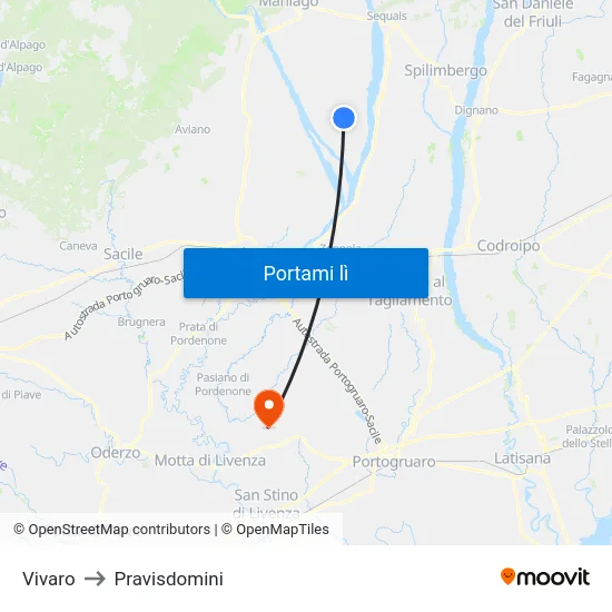 Vivaro to Pravisdomini map