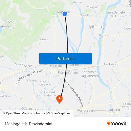 Maniago to Pravisdomini map