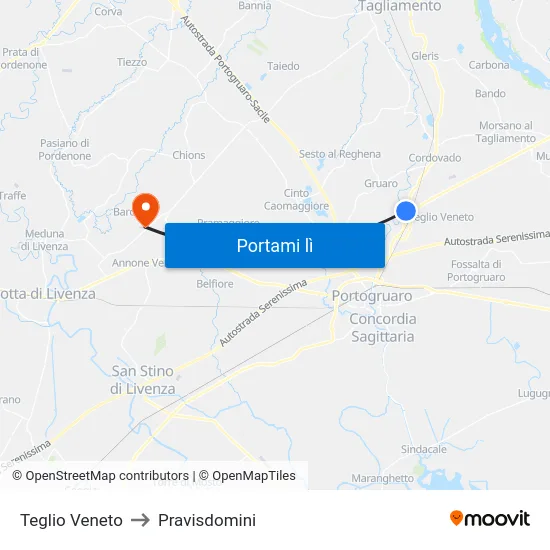 Teglio Veneto to Pravisdomini map