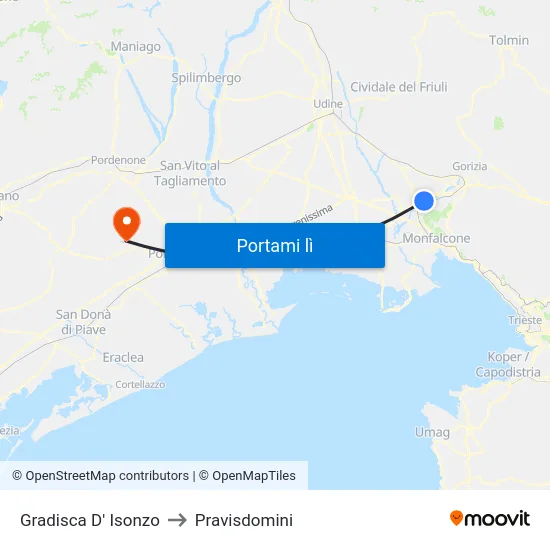 Gradisca D' Isonzo to Pravisdomini map