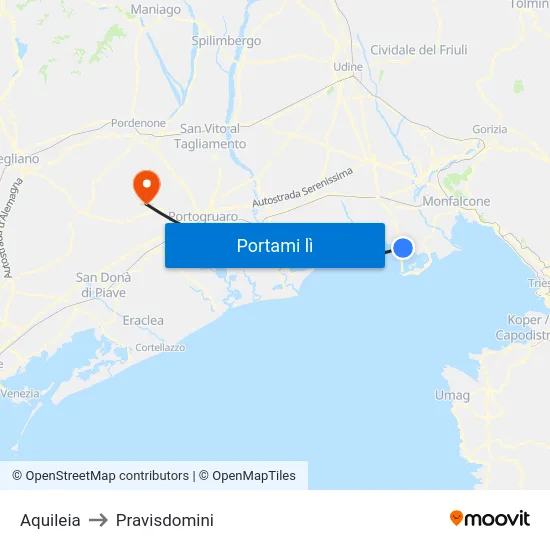 Aquileia to Pravisdomini map