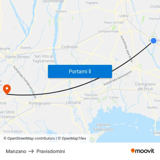 Manzano to Pravisdomini map